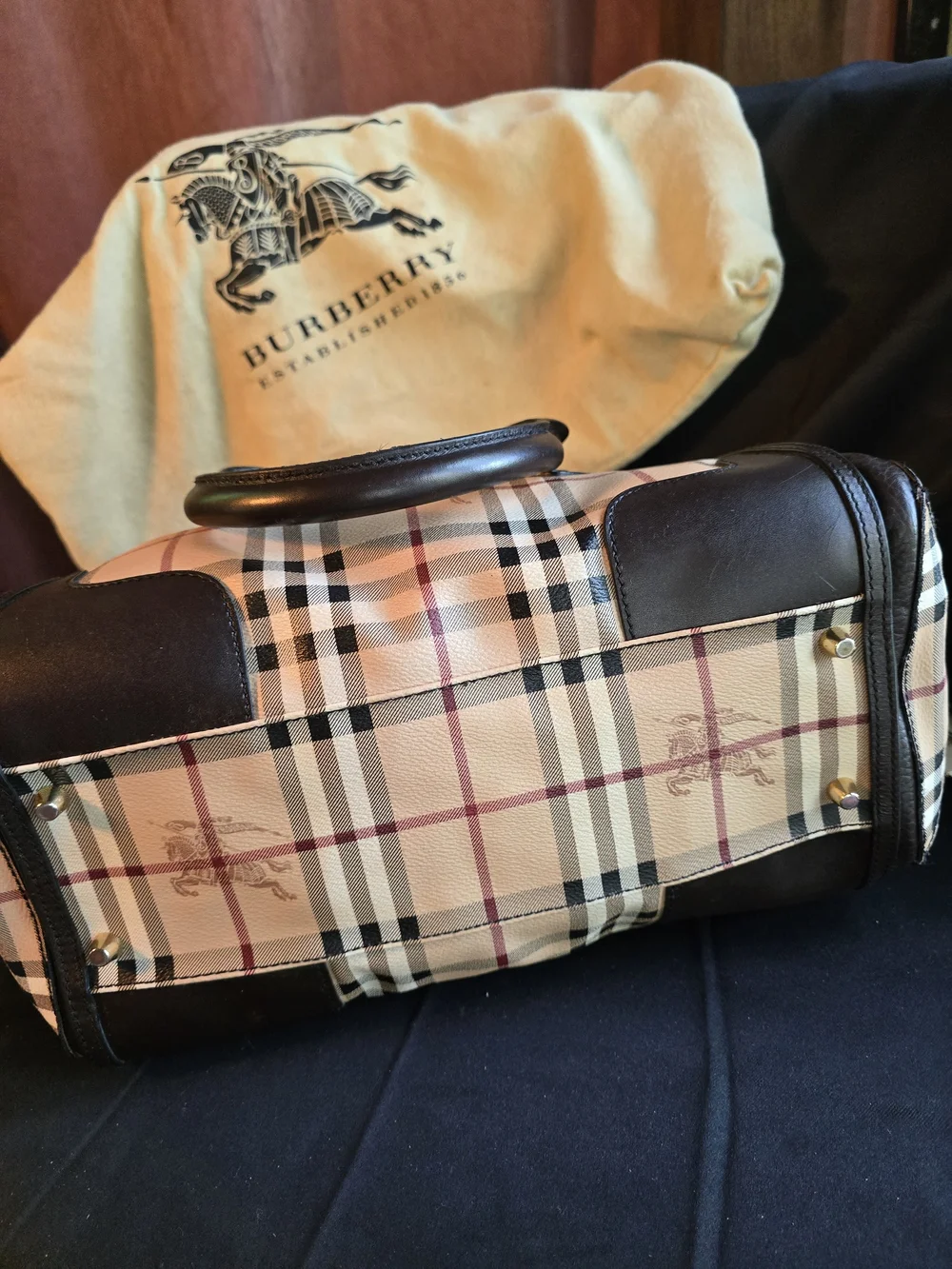 Burberry Beige Black Check Shoulder Bag with Brown Leather Trim